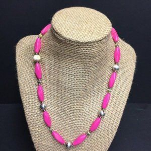 Bright Pink Silver Necklace As Is Long Round Beads Craft DIY Upcycle Retro BoHo